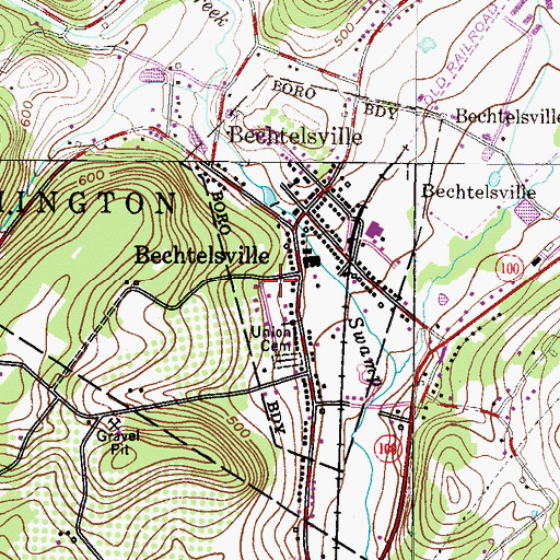 Topographic Map of Borough of Bechtelsville, PA
