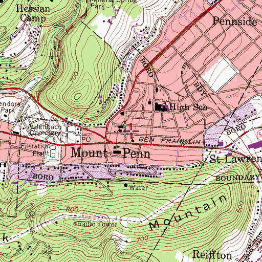 Topographic Map of Borough of Mount Penn, PA