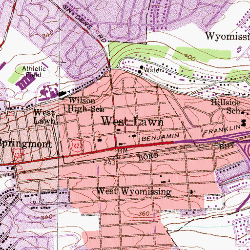 Topographic Map of Borough of West Lawn (historical), PA