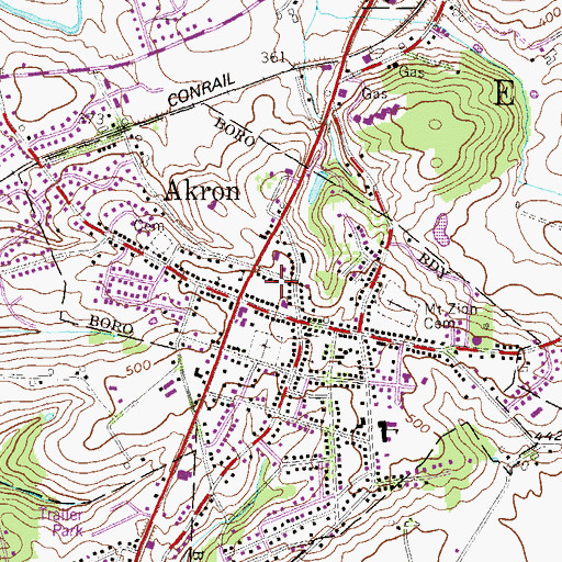Topographic Map of Borough of Akron, PA