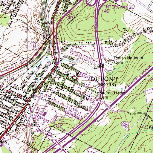 Topographic Map of Borough of Dupont, PA