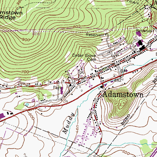 Topographic Map of Borough of Adamstown, PA