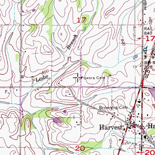 Topographic Map of Powers Cemetery, AL