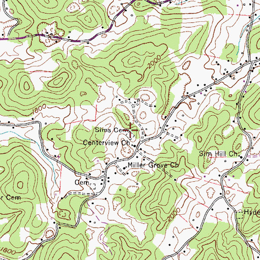 Topographic Map of Sims Cemetery, TN