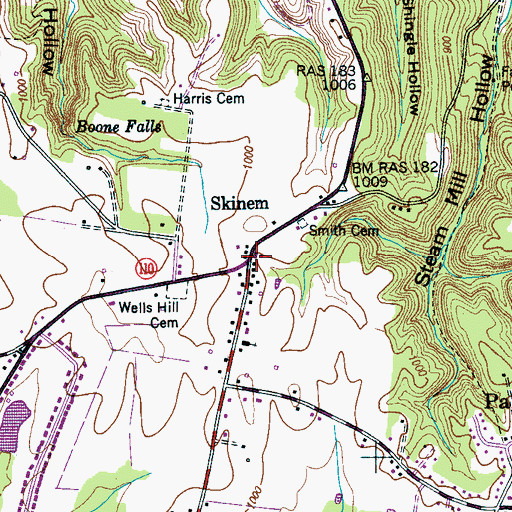 Topographic Map of Skinem, TN