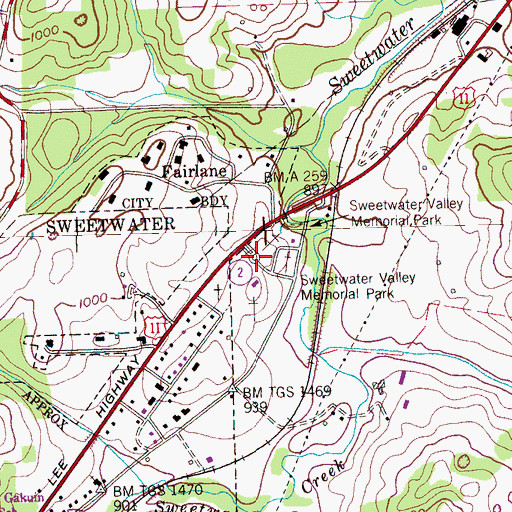 Topographic Map of Sweetwater Valley Memorial Park, TN