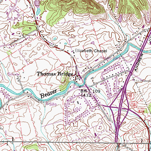 Topographic Map of Thomas Bridge, TN