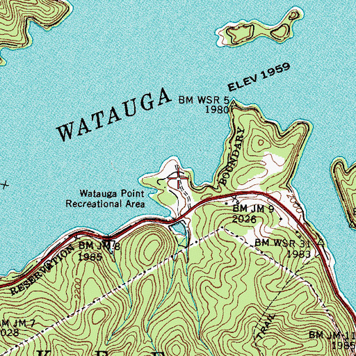 Topographic Map of Watauga Point Recreational Area, TN