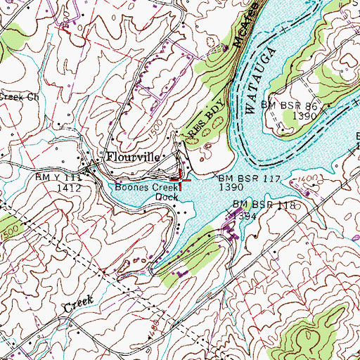 Topographic Map of Boones Creek Dock, TN