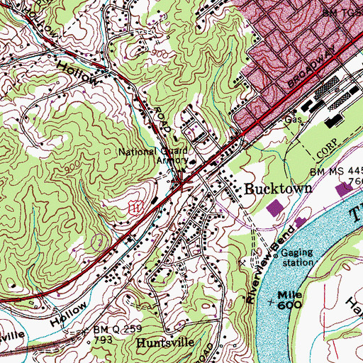 Topographic Map of Bucktown, TN