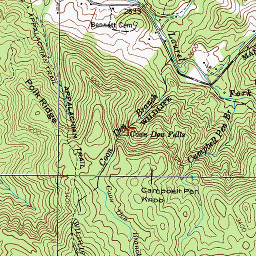 Topographic Map of Coon Den Falls, TN
