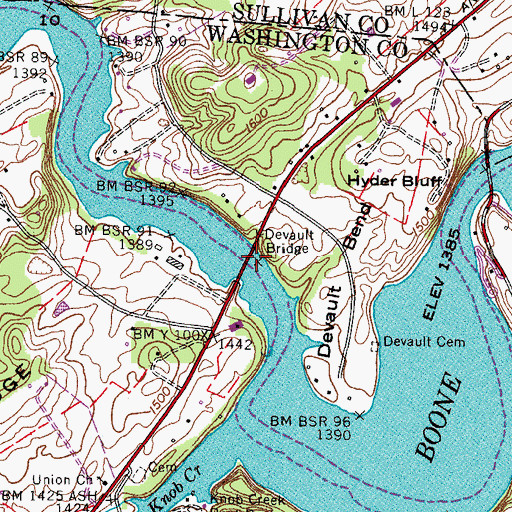 Topographic Map of Devault Bridge, TN
