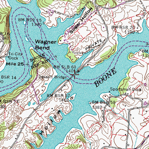 Topographic Map of Devault Bridge, TN