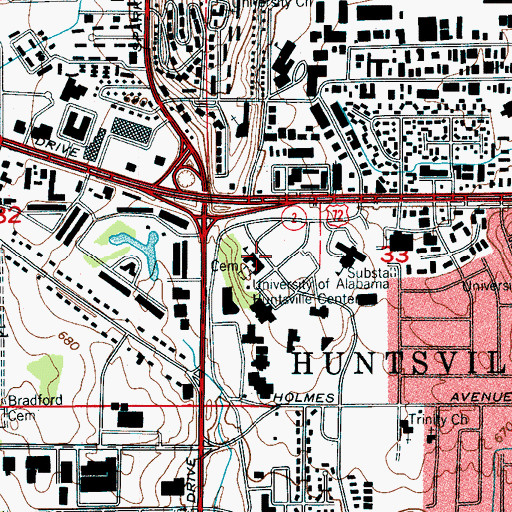 Topographic Map of University of Alabama in Huntsville, AL