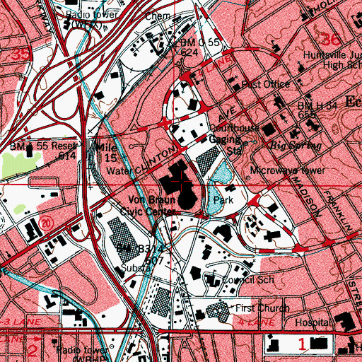 Topographic Map of Von Braun Civic Center, AL