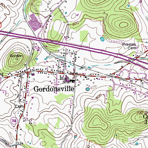 Topographic Map of Gordonsville, TN