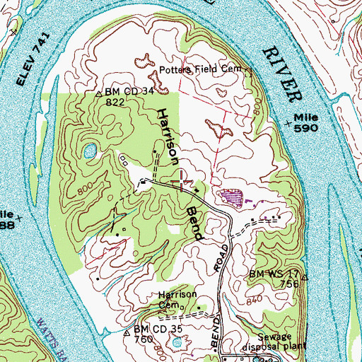 Topographic Map of Harrison Bend, TN
