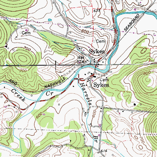 Topographic Map of Harvels Branch, TN