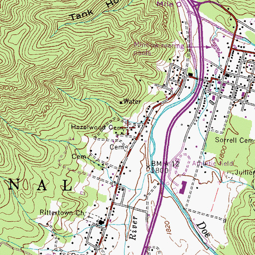 Topographic Map of Hazelwood Cemetery, TN