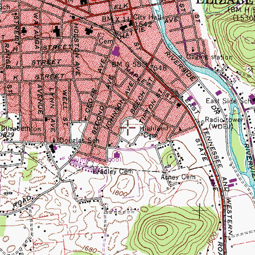 Topographic Map of Highland Cemetery, TN