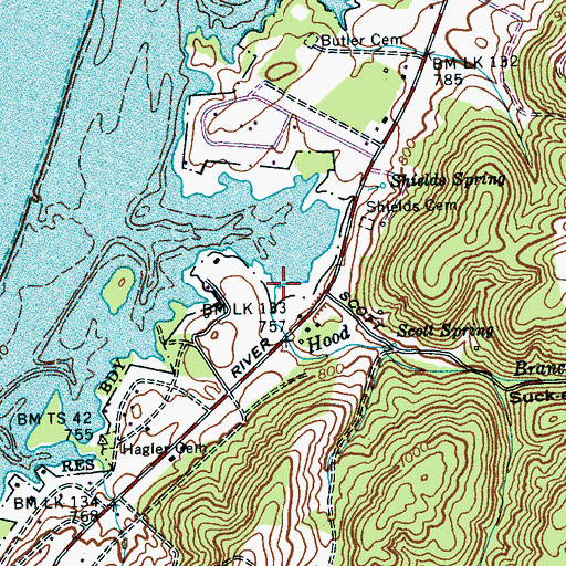 Topographic Map of Hood Branch, TN