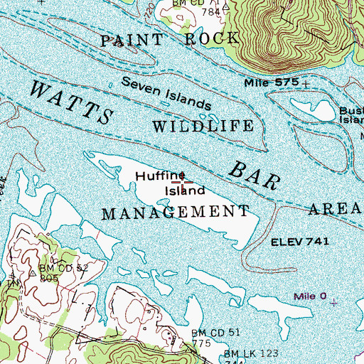 Topographic Map of Huffine Island, TN
