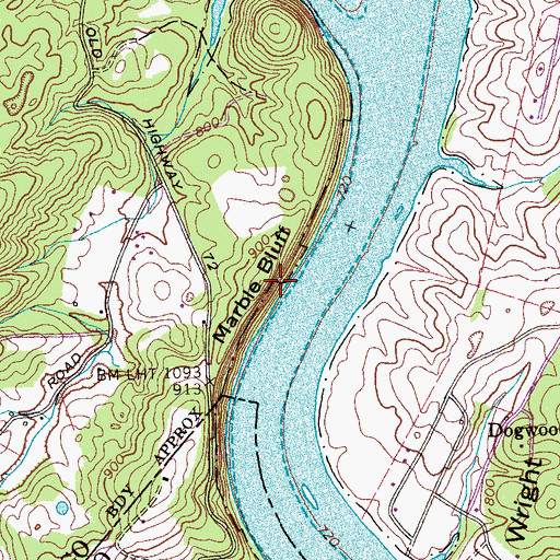Topographic Map of Marble Bluff, TN