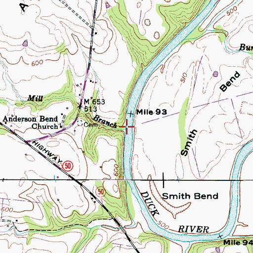 Topographic Map of Mill Branch, TN