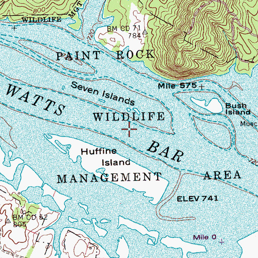 Topographic Map of Paint Rock Wildlife Management Area, TN