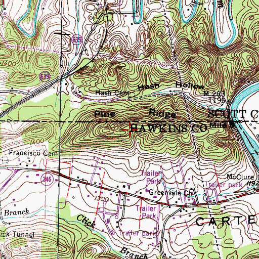 Topographic Map of Pine Ridge, TN