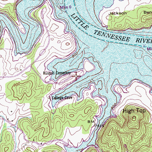 Topographic Map of Russell Cemetery, TN