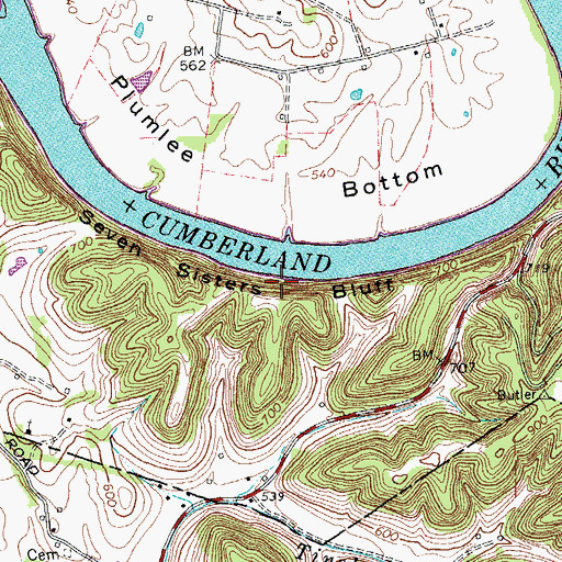 Topographic Map of Seven Sisters Bluff, TN