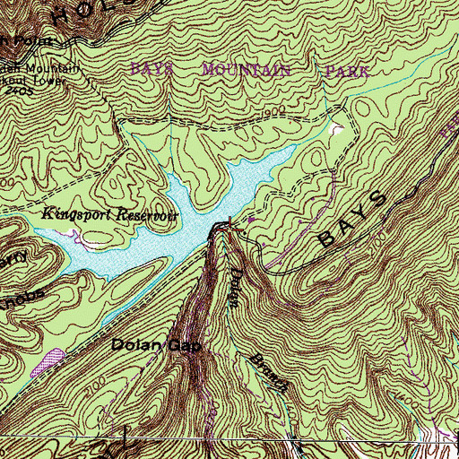 Topographic Map of Bays Mountain Dam, TN