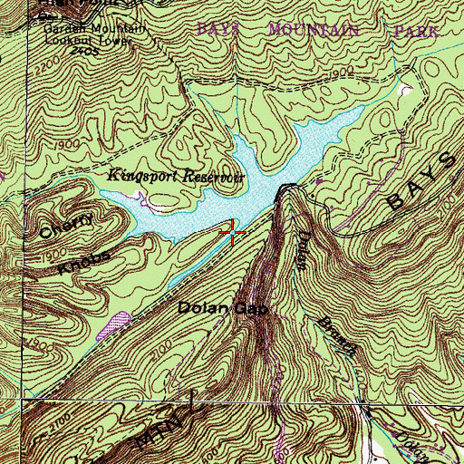 Topographic Map of Bays Mountain Reservoir, TN