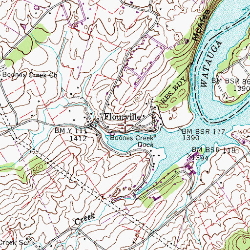 Topographic Map of Flourville, TN