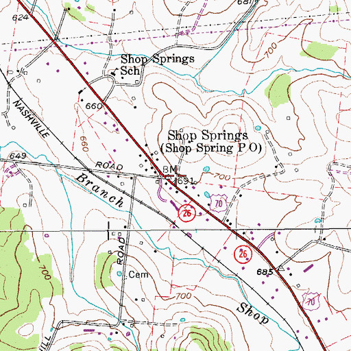Topographic Map of Shop Springs, TN