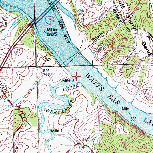 Topographic Map of Sweetwater Creek, TN
