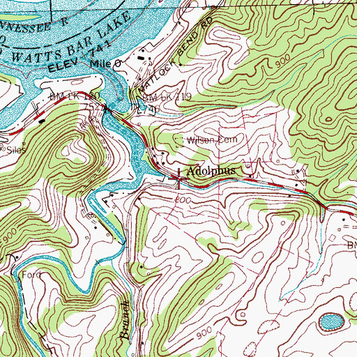 Topographic Map of Adolphus, TN