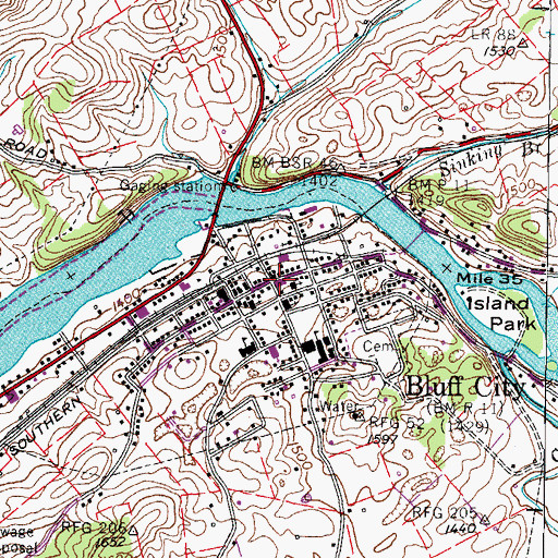 Topographic Map of Bluff City, TN