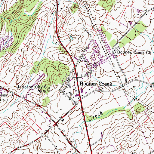 Topographic Map of Boones Creek, TN