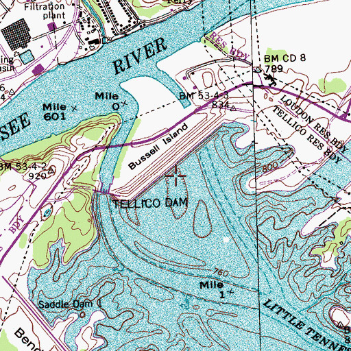 Topographic Map of Bussell Island, TN