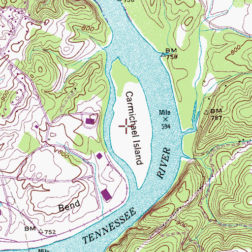 Topographic Map of Carmichael Island, TN