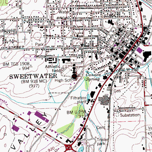 Topographic Map of Sweetwater High School, TN