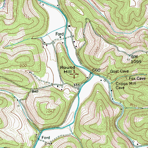 Topographic Map of Round Hill, TN