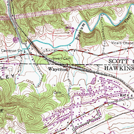 Topographic Map of Waycross, TN