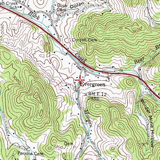 Topographic Map of Evergreen, TN