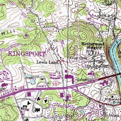 Topographic Map of Lewis Lane, TN