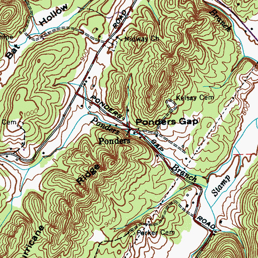 Topographic Map of Ponder Church, TN