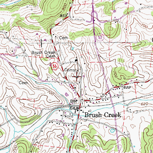 Topographic Map of Brush Creek Baptist Church, TN