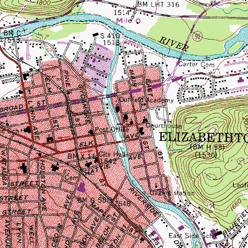 Topographic Map of Elizabethton Historic District, TN